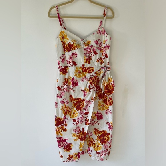 Great Jones White Floral Midi Dress faux wrap size 12 cotton adjustable strap - Picture 3 of 13
